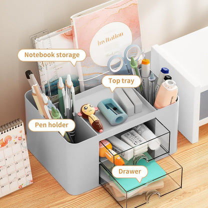 Marbrasse Pen Organizer with 2 Drawer, Multi-Functional Pencil Holder for Desk, Desk Organizers and Accessories with 5 Compartments + Drawer for Office Art Supplies (White)