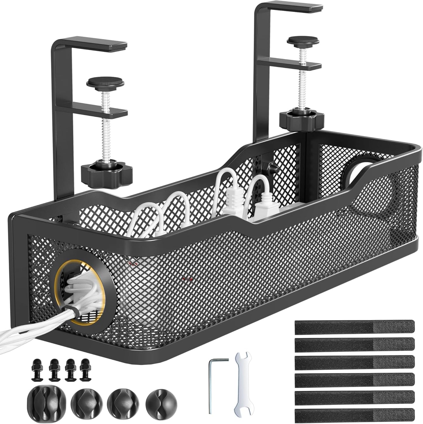 Under Desk Cable Management Tray White, Cinati Wire Organizers No Drill, Cable Tray with Clamp for Wire Management, Cord Organization Box for Office, Home - No Damage to Desk
