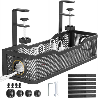 Under Desk Cable Management Tray White, Cinati Wire Organizers No Drill, Cable Tray with Clamp for Wire Management, Cord Organization Box for Office, Home - No Damage to Desk