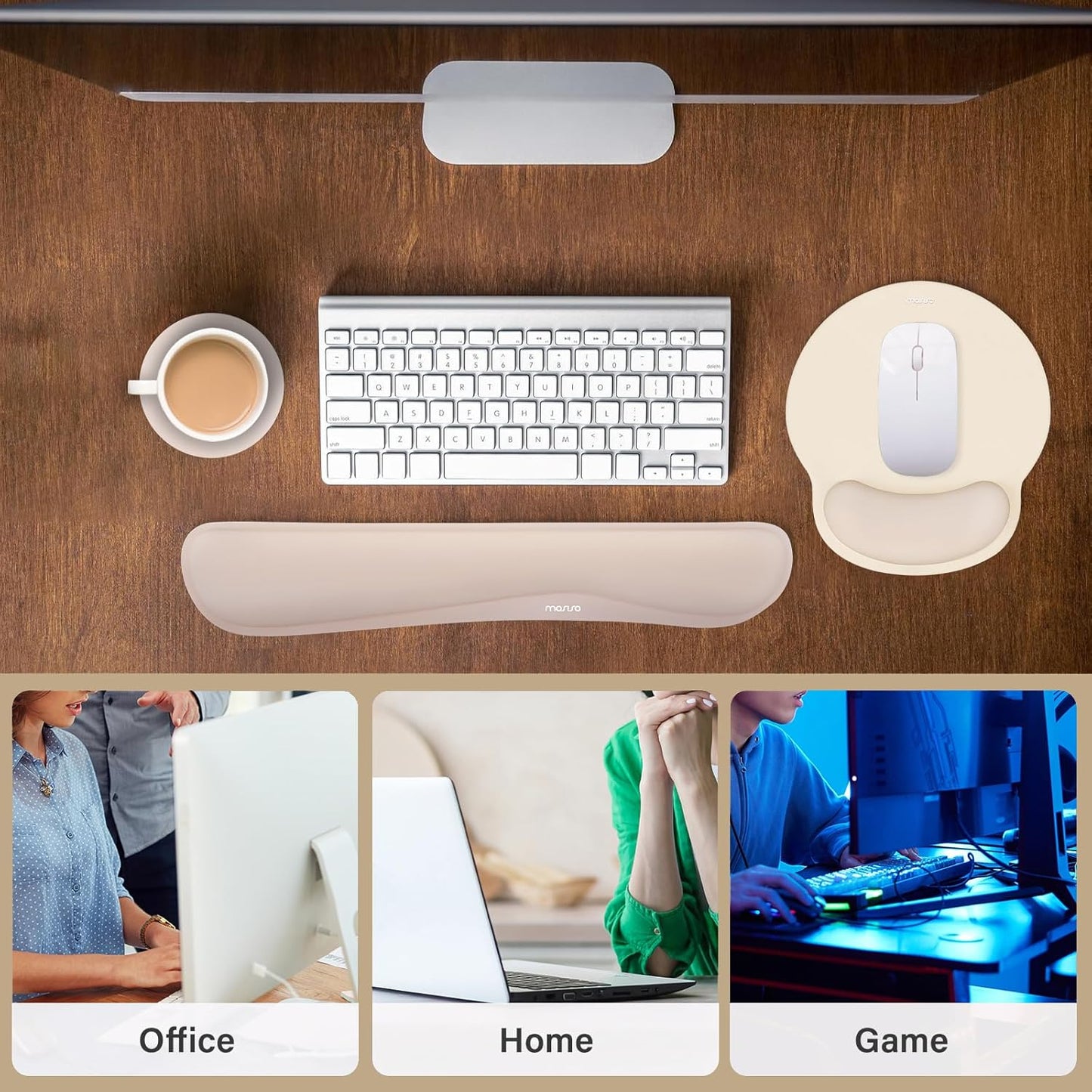 MOSISO Wrist Rest Support for Mouse Pad&Keyboard Set, Streamline Ergonomic Mousepad&Coaster Non-Slip Base Home/Office Pain Relief&Easy Typing Pad with Soft Cloth&Silicone Lining, Antique Green