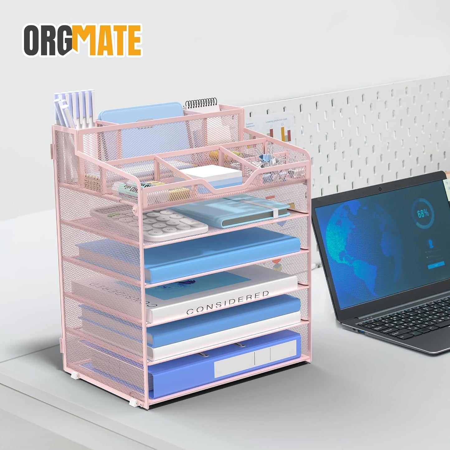5 Tier Mesh Desk Organizer,Multi Functional Letter Paper Tray with 3 Pen Holders and 5 Adjustable Storage Compartments for Office Supplies Files and Mail Space Saving Desktop Organizer-Black