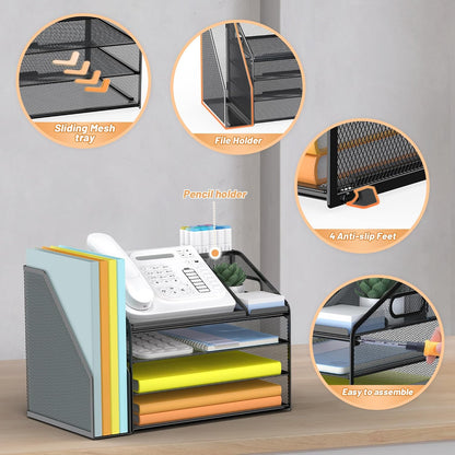 DocNest 4 Tier Metal Mesh Letter Tray - Space Saving Desk File Organizer with Handle, Pen Holder & Folder Holder - Desktop Document Sorter for Office, Home, School, Classroom - Black