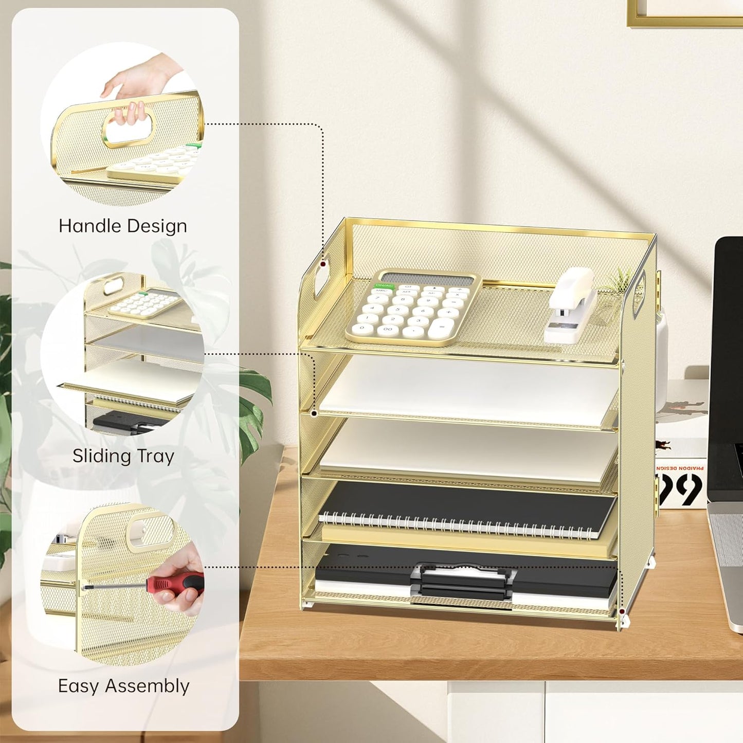 Supeasy 5 Trays Paper Organizer Letter Tray with Handle-Mesh Desk File Holders, Paper Sorter Desk Organizer for Office, Home, Classroom or School, White