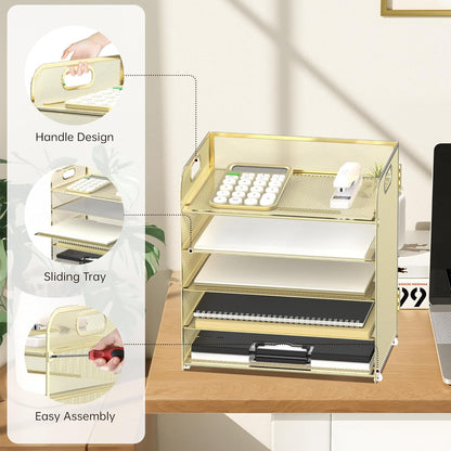 Supeasy 5 Trays Paper Organizer Letter Tray with Handle-Mesh Desk File Holders, Paper Sorter Desk Organizer for Office, Home, Classroom or School, White