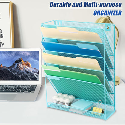 EASEPRES Desk File Organizer Mesh 6-Tier, Hanging Wall Mount Document Organization Stand, Desktop Vertical Mail Paper Folder Holder Rack with Bottom Tray for Office Home Cubicle Countertop, Black