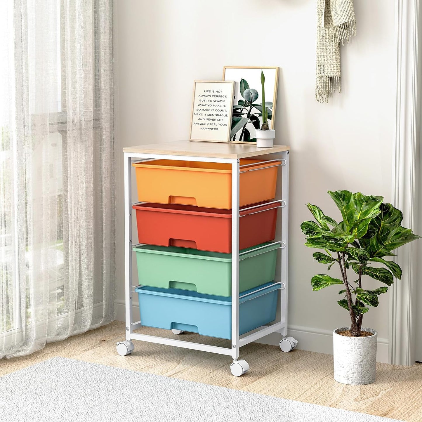 SYKIARIOL Utility Cart with 4 Drawers, Multipurpose Rolling Storage Cart with 4 Drawers and 2 Lockable Wheels, 4-Tier Rolling Storage Cart Organizer for Home Office Dorm, Bright White