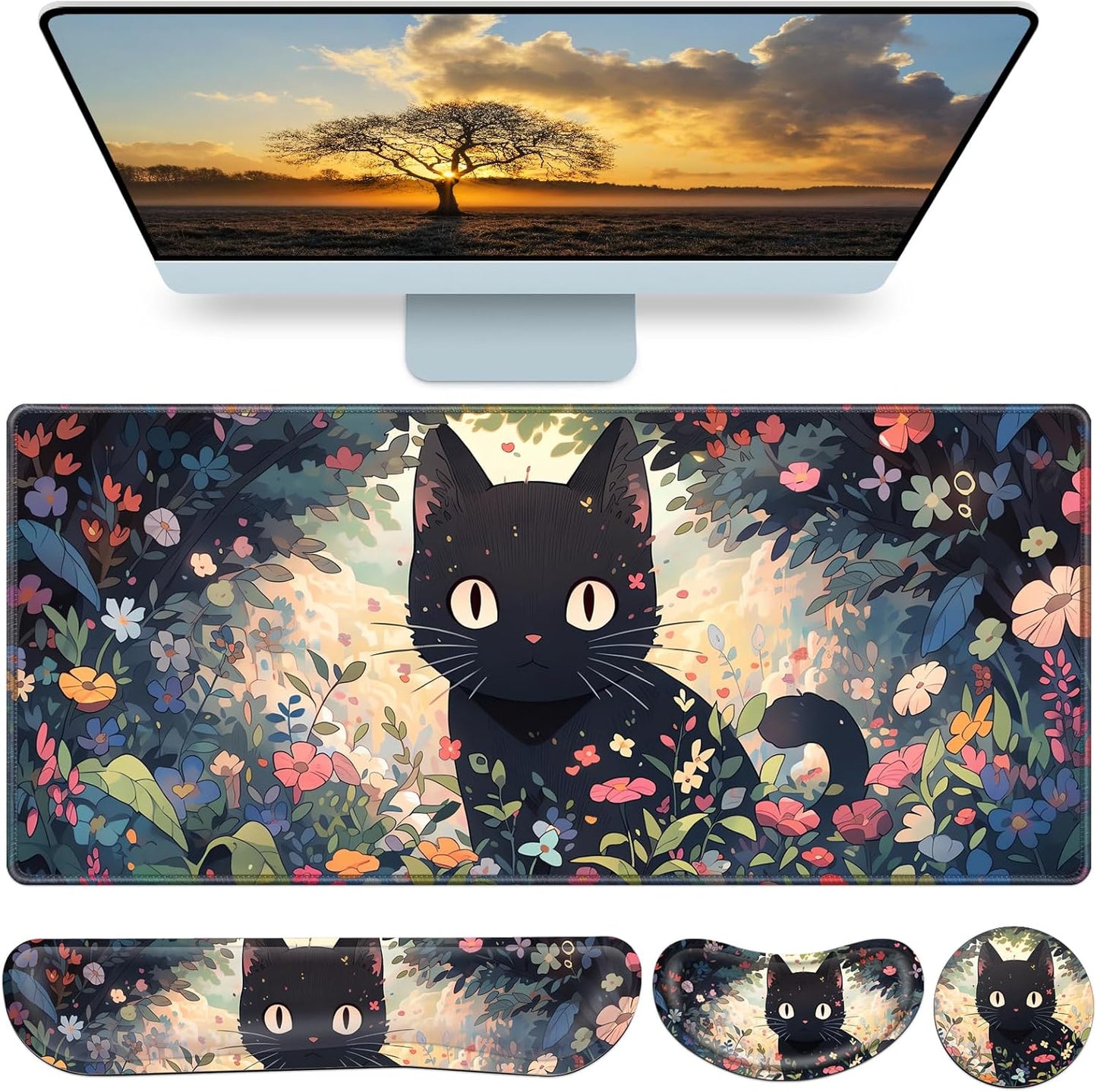 Desk Mat, Large Gaming Mouse Pad with Wrist Rest, 4in1 XXL Mousepad+Keyboard Wrist Rest+Mouse Pad Wrist Support+Cup Coaster Set Ergonomic Floral Computer Desk Arm Wrist for Decor Home Office Women