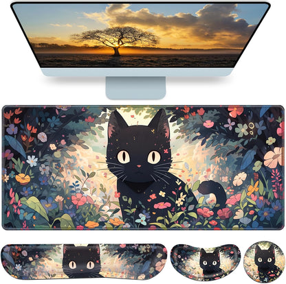 Desk Mat, Large Gaming Mouse Pad with Wrist Rest, 4in1 XXL Mousepad+Keyboard Wrist Rest+Mouse Pad Wrist Support+Cup Coaster Set Ergonomic Floral Computer Desk Arm Wrist for Decor Home Office Women