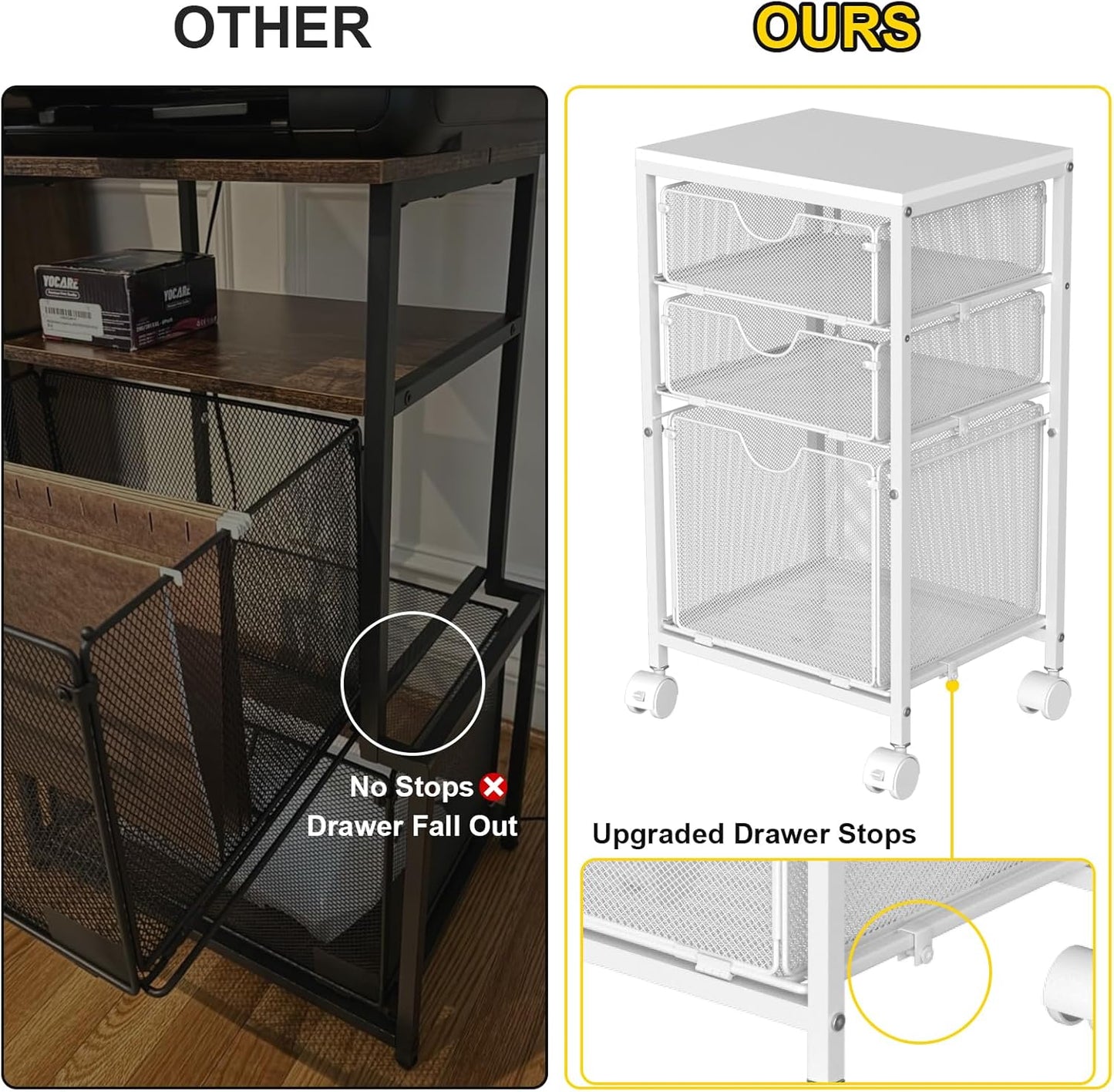 BOHDK Rolling File Cart with 3 Storage Drawers, Wood & Mesh Hanging File Folder Organizer with Wheels Under Desk, File Cabinets for Home Office, 11.81" D x 14.8" W x 25.39" H, White