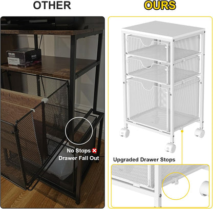 BOHDK Rolling File Cart with 3 Storage Drawers, Wood & Mesh Hanging File Folder Organizer with Wheels Under Desk, File Cabinets for Home Office, 11.81" D x 14.8" W x 25.39" H, White