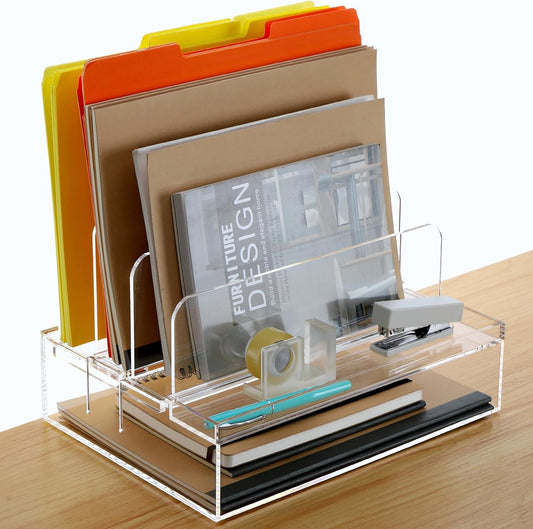 DINGHUO Desk Organizers and Accessories, Acrylic File Folder Rack with 3 Vertical File Holder, Letter Size Paper Tray Office Supplies Storage for Home Office -1 Pack