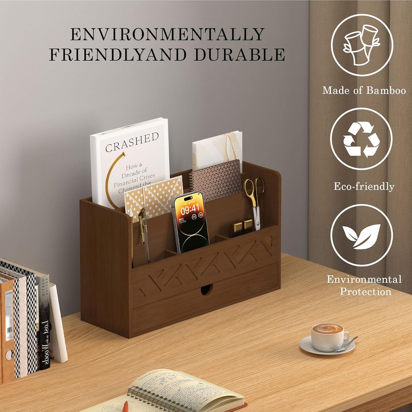 Bamboo Mail Organizer Countertop Desktop with Drawer - Desk Organizer with File Organizer for Office Supplies All-in-One Desk File Organization with Pencil Holder for Paper Letter Envelope Bill