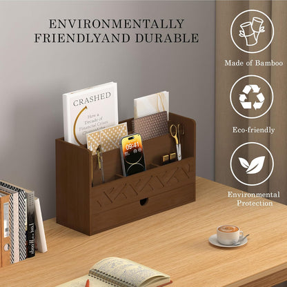 Bamboo Mail Organizer Countertop Desktop with Drawer - Desk Organizer with File Organizer for Office Supplies All-in-One Desk File Organization with Pencil Holder for Paper Letter Envelope Bill