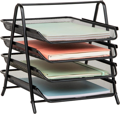 Mind Reader 4-Tier Paper Tray, Desktop Organizer, File Storage, Workspace, Office, Metal Mesh, 12"L x 13.75"W x 12.5"H, Black