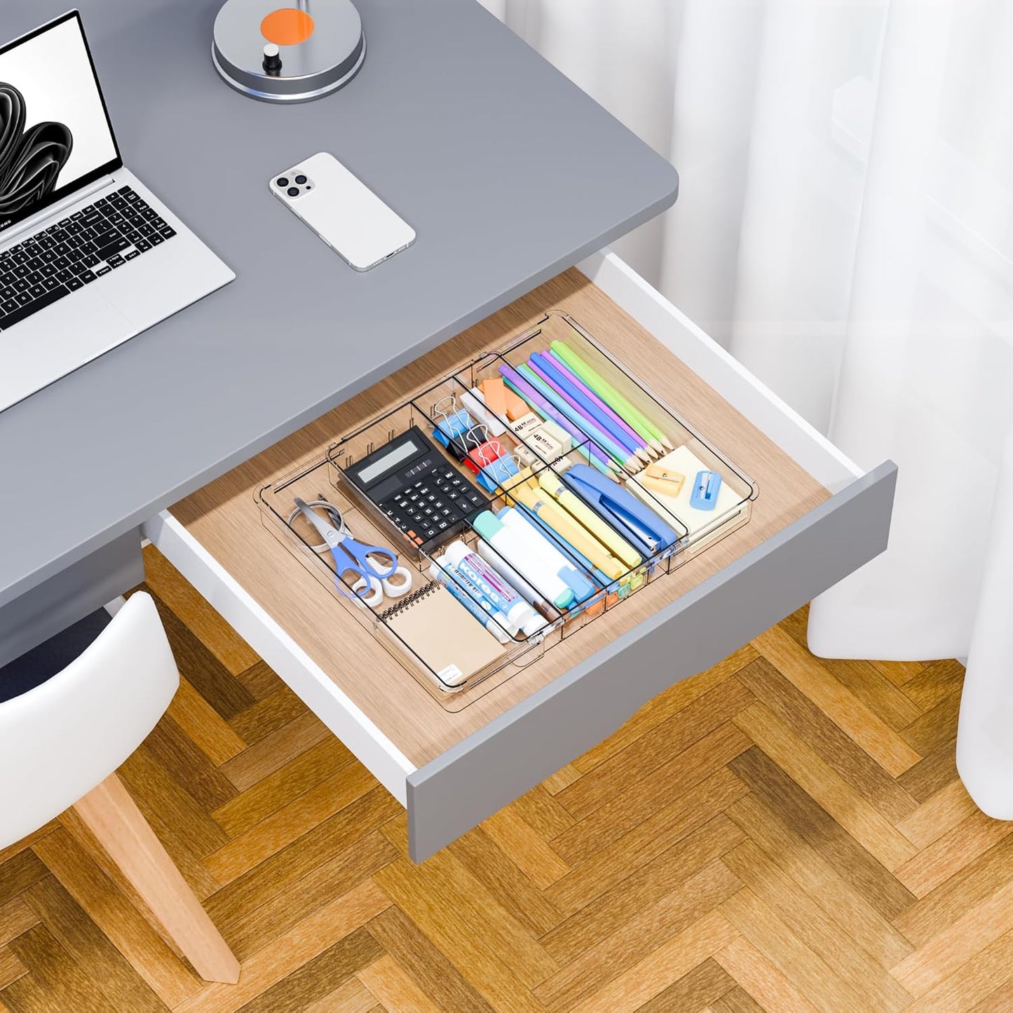 Yieach Large Expandable Desk Drawer Organizer Tray for Office Supplies and Accessories With 12 Adjustable Compartments,Office Drawer Organizers for Pencil,Pen and Kitchen Junk Drawer Organizer,Clear