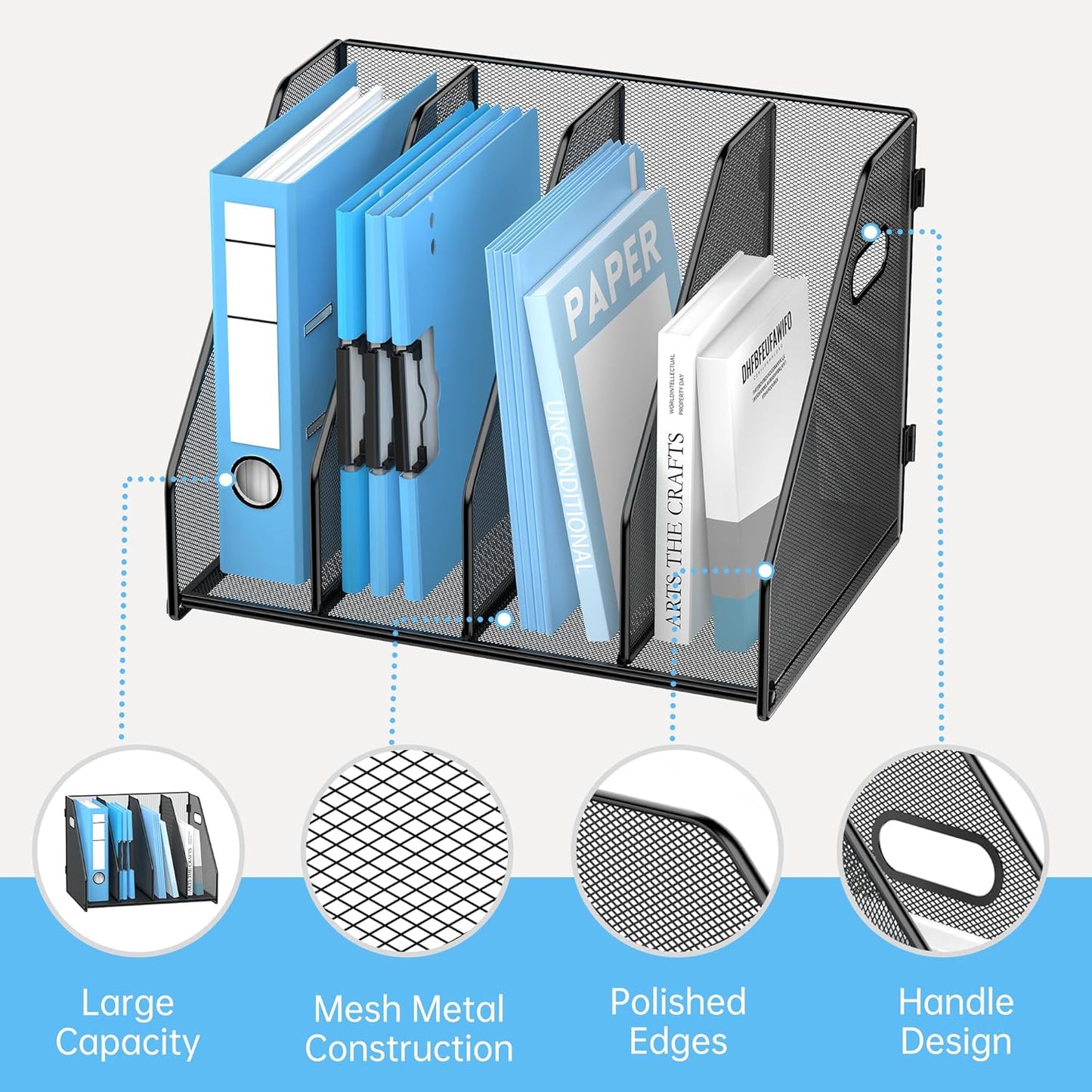 SUPEASY Binder Organizer, Magazine File Holder with 5 Vertical Compartments Rack, Metal Desk File Organizer & Binder Holders, Magazine Organizers for Office Desktop, Home, School, Classroom (Black)