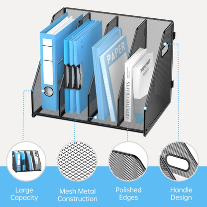 SUPEASY Binder Organizer, Magazine File Holder with 5 Vertical Compartments Rack, Metal Desk File Organizer & Binder Holders, Magazine Organizers for Office Desktop, Home, School, Classroom (Black)