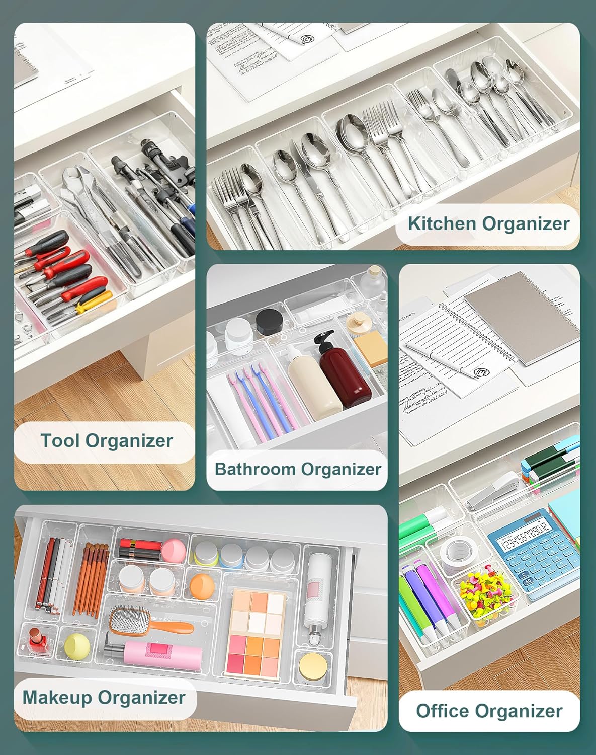 15Pcs Clear Plastic Drawer Organizers Set, 4size makeup drawer organizer trays for vanity/desk/bathroom/office/nightstand/gadgets for kitchen/desk drawer, Versatile drawer divider storage bins