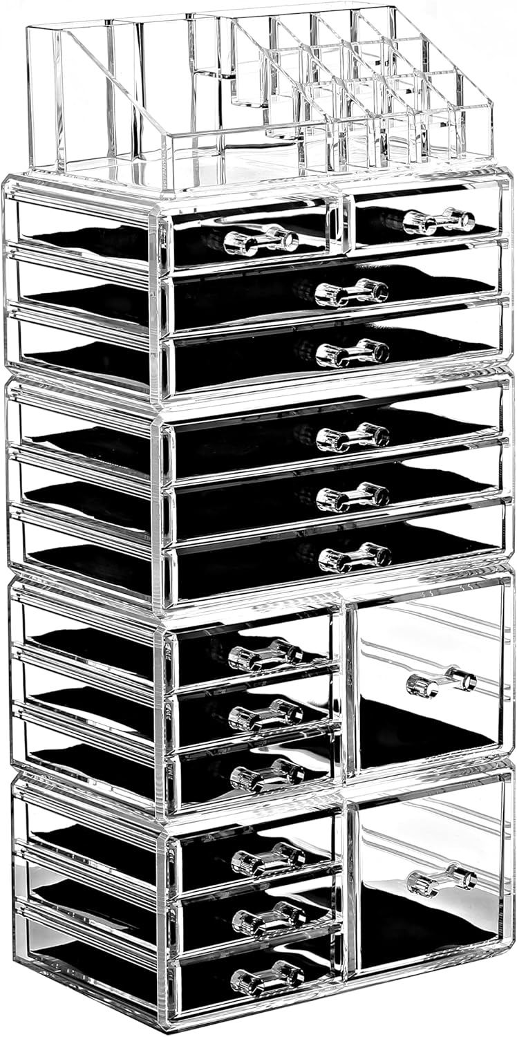 Ikee Design Acrylic Makeup Organizer with 4 Drawers and Removable Top Lipstick Holders, Ideal for Make-up or Accessories,Enhance Your Vanity or Bathroom with Clear Design for Quick Visibility