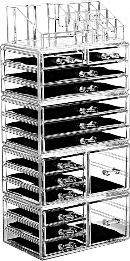 Ikee Design Acrylic Makeup Organizer with 4 Drawers and Removable Top Lipstick Holders, Ideal for Make-up or Accessories,Enhance Your Vanity or Bathroom with Clear Design for Quick Visibility