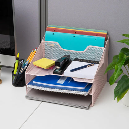 Mind Reader Metal Mesh Desktop File Organizer, 3-Tier Paper Tray with 5 Compartments, Office Mail Sorter, White