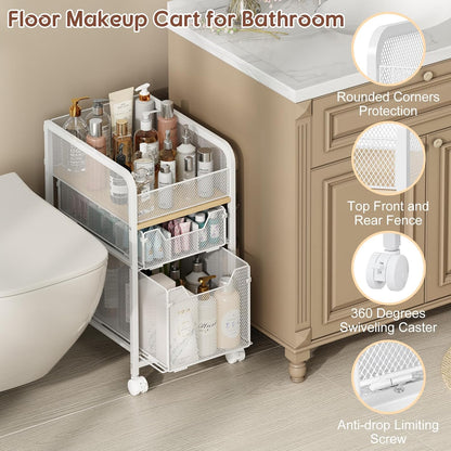 Hongtamoya Rolling Makeup Cart Organizer with 2 Drawers, Narrow Floor Skincare Organizers, Vanity Organizer Cosmetics Display Cases Holder for Skin Care Nail Polish Perfume Makeup Brush, White