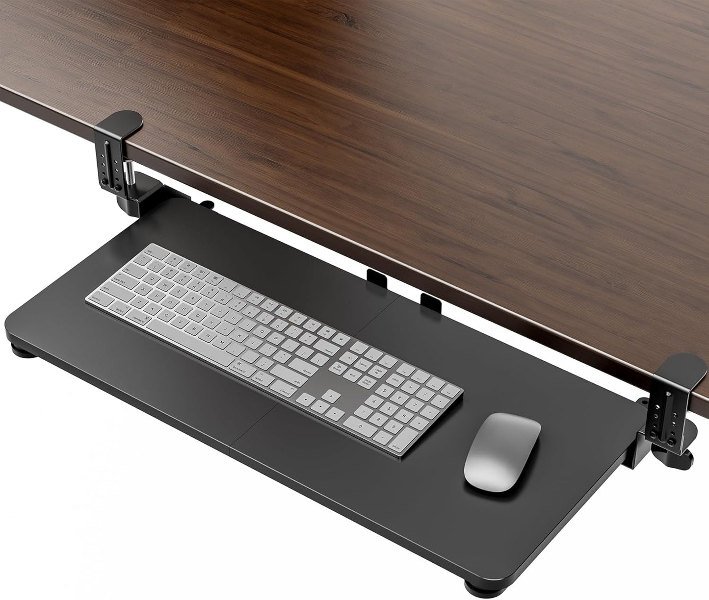 Large Keyboard Tray Under Desk, Pull Out Keyboard & Mouse Tray with Adjustable C-clamp, 25.6(31.5 Including Clamps) x 11.8 Inch Slide Out Computer Keyboard Drawer Mouse Tray for Typing, Brown