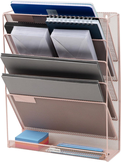 Mind Reader 5-Pocket Vertical File Storage, Desktop Organizer, Wall Mount, Office, Metal Mesh, Pink