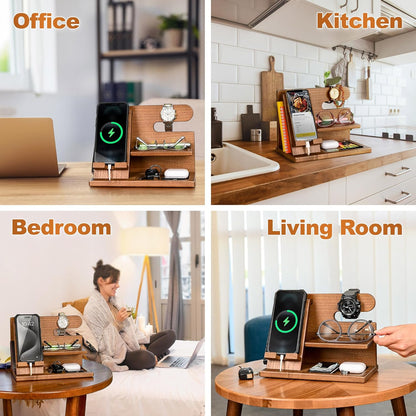 TESLYAR Wood Phone Docking Station for Men - Desktop or Nightstand Organizer - Birthday Gifts for Men, Dad - Anniversary Idea from Wife - Key Holder, Stand Wallet, Watch & Essentials (Granite Black)