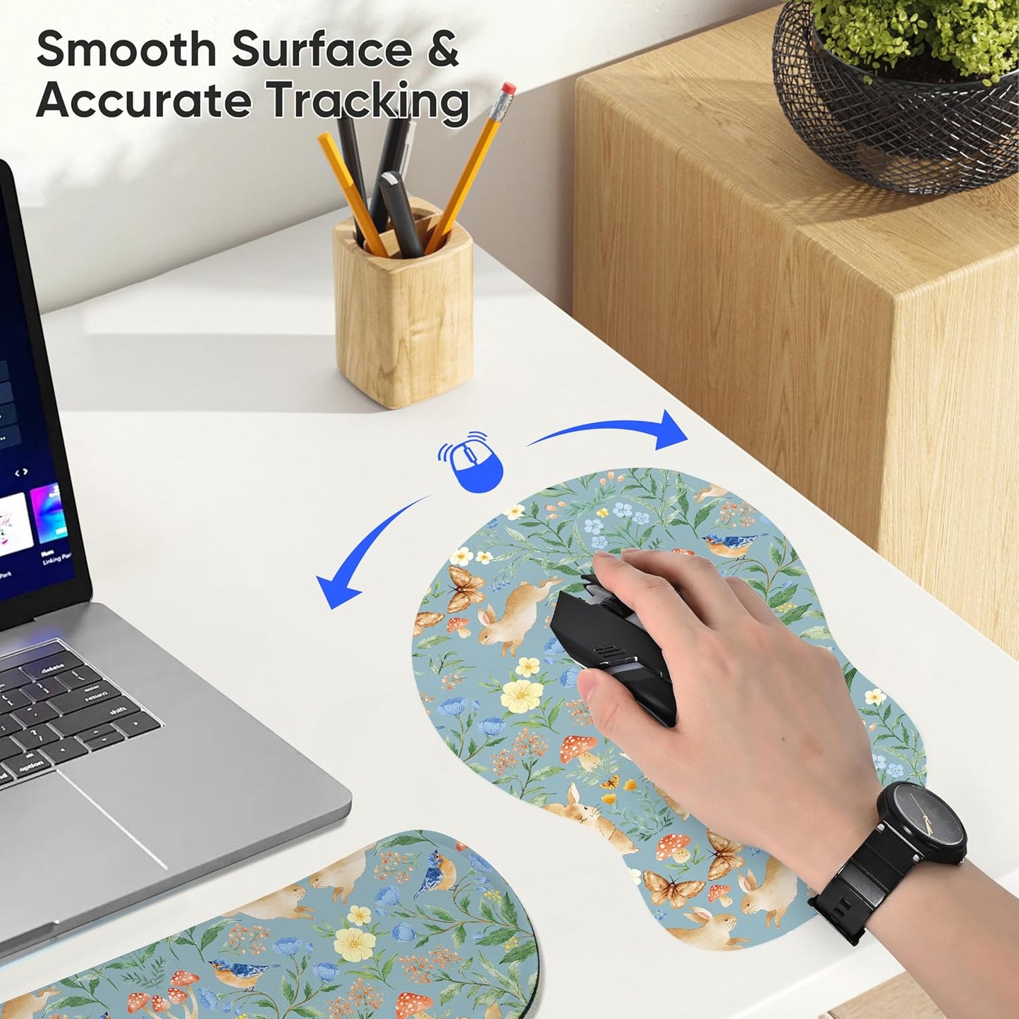 Wrist Rest Support for Mouse Pad Keyboard Set Circle Coaster Gaming Mouse Pad Ergonomic Gel Memory Foam Set for Computer, Laptop, Office, Pain Relief, Comfortably Typing Flowers KM-39