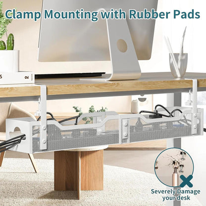 Under Desk Cable Management Tray No Drill, Metal Mesh Cable Management Under Desk with Clamp Mount, 2 Hole Cable Tray with Wire Management and Cord Organizer for Home Office Standing Desk