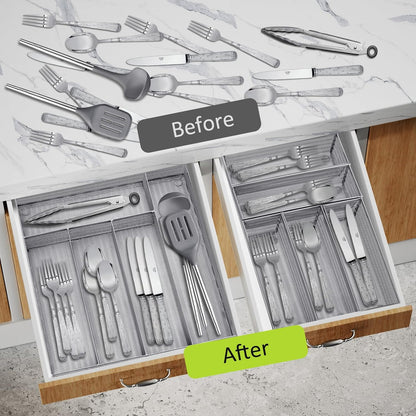 Neudeco Drawer Organizer Set 6 Pack - 5-Compartment Silverware Organizer Tray + 5 Utensil Trays, Kitchen Drawer Organizer for Flatware, Cutlery, Office Supplies, Black Mesh, Non-Slip.