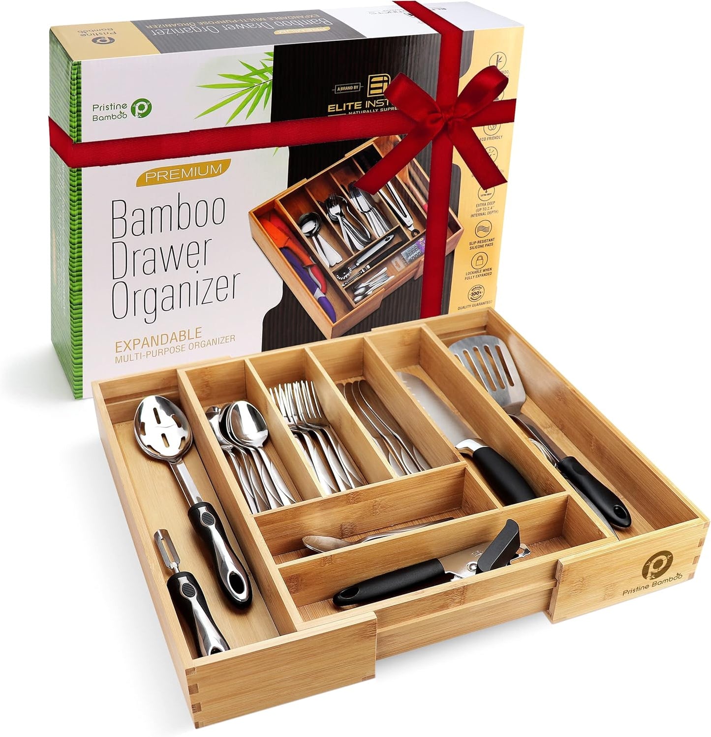Pristine Bamboo Expandable Drawer Organizers for Kitchen - Extra Deep Non-Slip 17” x 14.6” (expands up to 25 inches) - Dark Wooden Silverware Divider (10 Compartments) – Organize Cooking Utensils