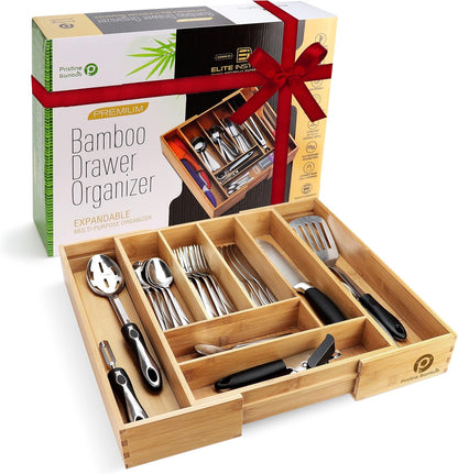 Pristine Bamboo Expandable Drawer Organizers for Kitchen - Extra Deep Non-Slip 17” x 14.6” (expands up to 25 inches) - Dark Wooden Silverware Divider (10 Compartments) – Organize Cooking Utensils