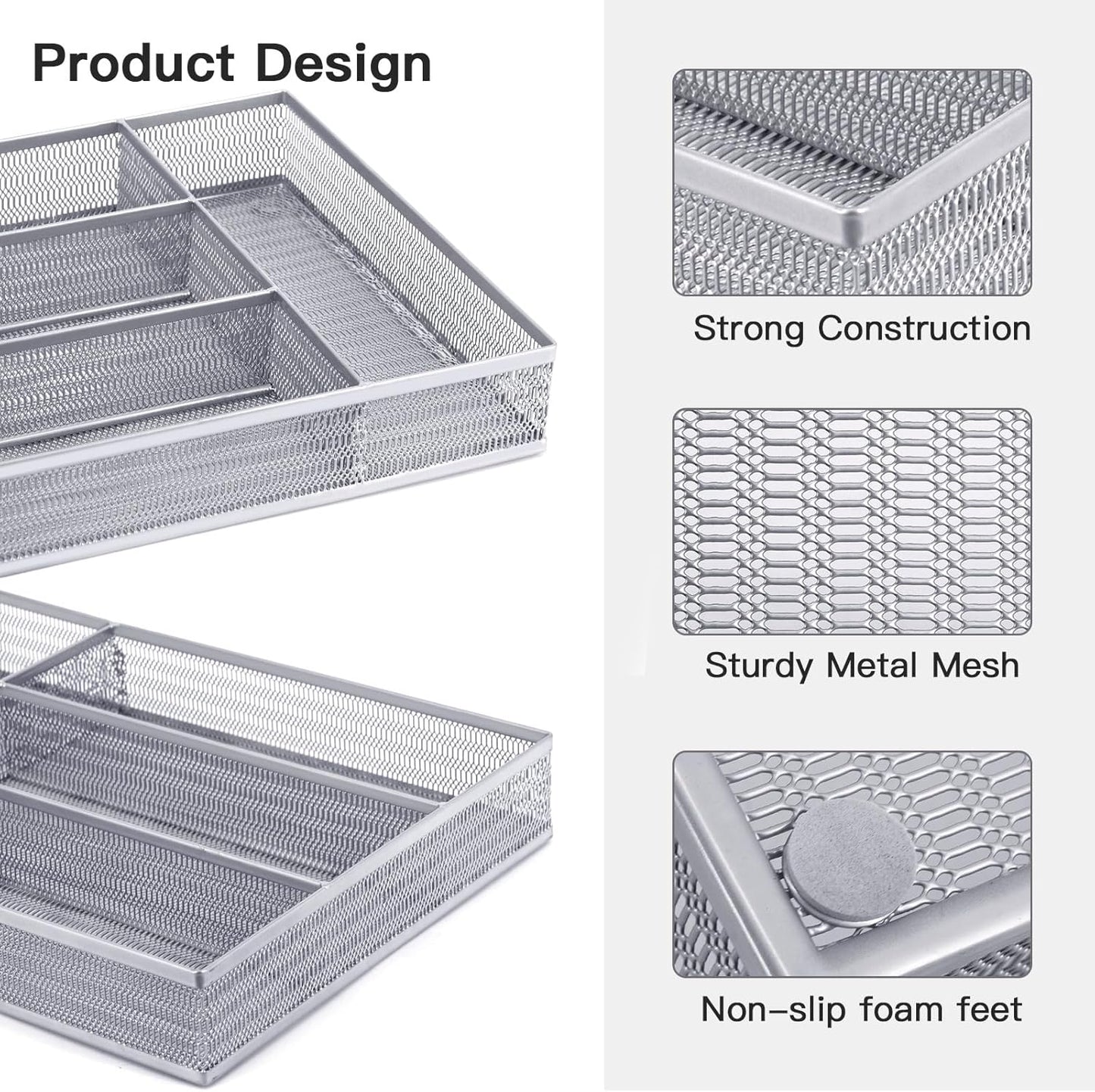 Neudeco Drawer Organizer Set 6 Pack - 5-Compartment Silverware Organizer Tray + 5 Utensil Trays, Kitchen Drawer Organizer for Flatware, Cutlery, Office Supplies, Black Mesh, Non-Slip.