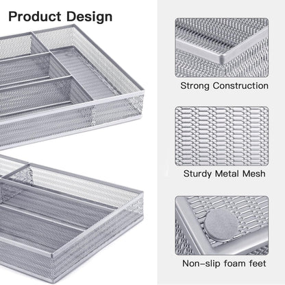 Neudeco Drawer Organizer Set 6 Pack - 5-Compartment Silverware Organizer Tray + 5 Utensil Trays, Kitchen Drawer Organizer for Flatware, Cutlery, Office Supplies, Black Mesh, Non-Slip.
