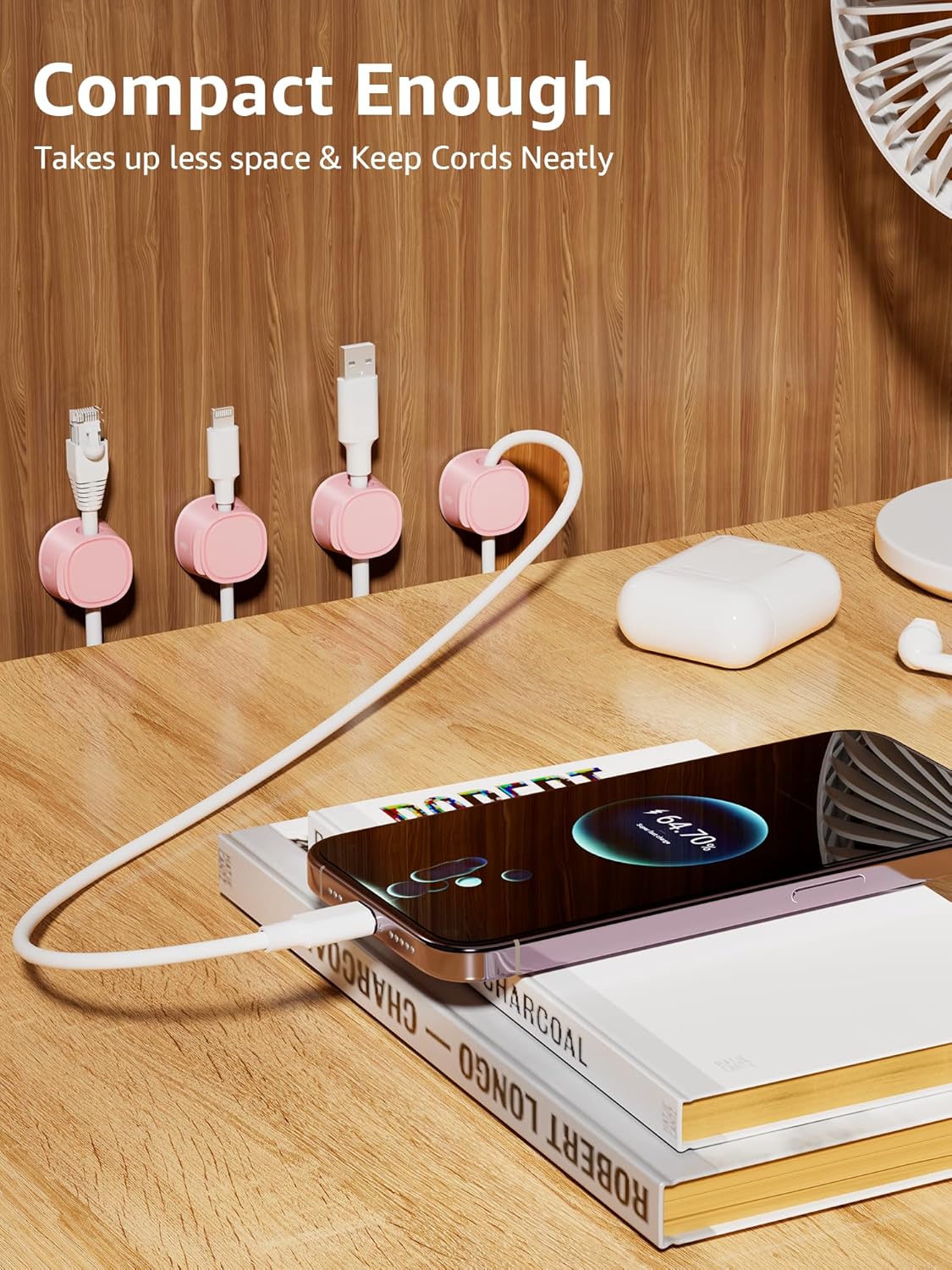 12 Pack Magnetic Cable Clips – [One-Snap Lock] Phone Cord Holder for Desk, Adhesive Magnetic Cord Organiser for Nightstand, Wall, Car – Under Desk Cable Management for Office, Home