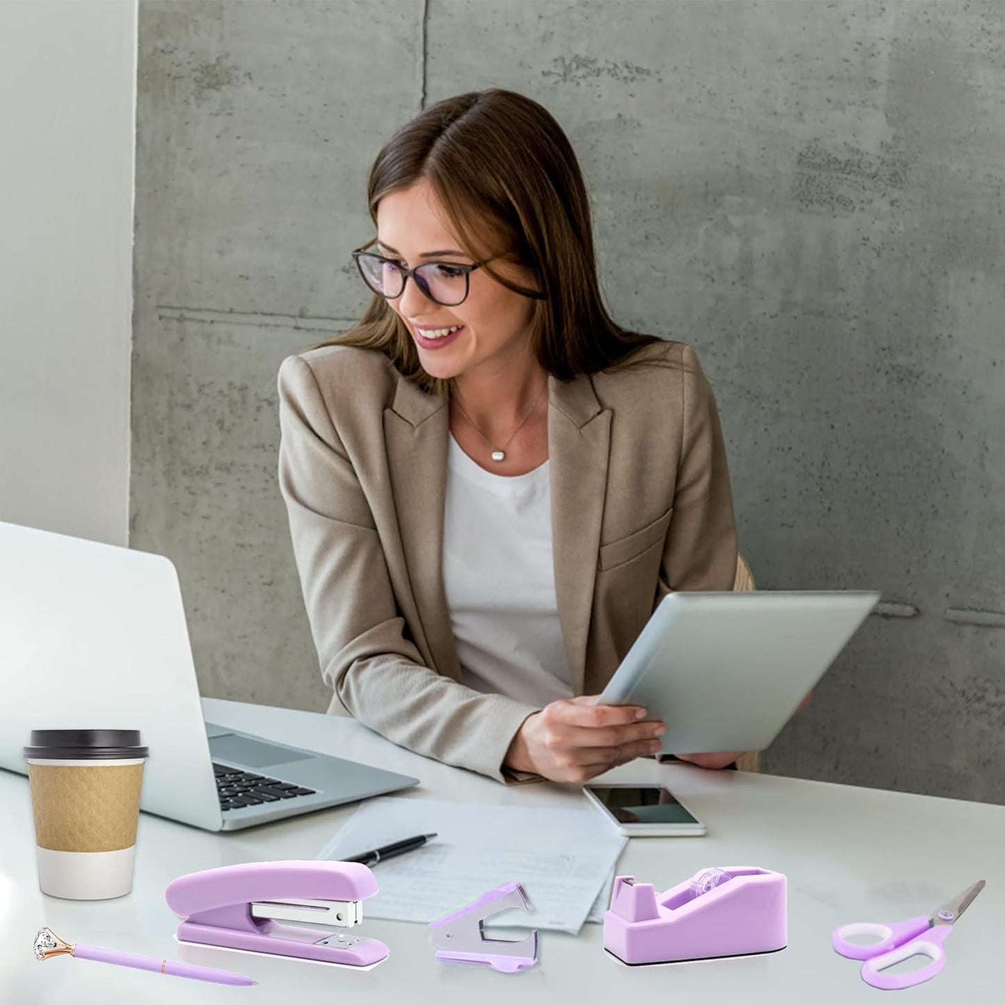Office Desk Accessories, Acrylic Stapler, Staple Remover, Tape Holder, Pen Holder, Ballpoint Pen, Scissor, Binder Clips, 1000pcs Staples, Phone Holder, Ruler, Transparent Glue and 300 Notes