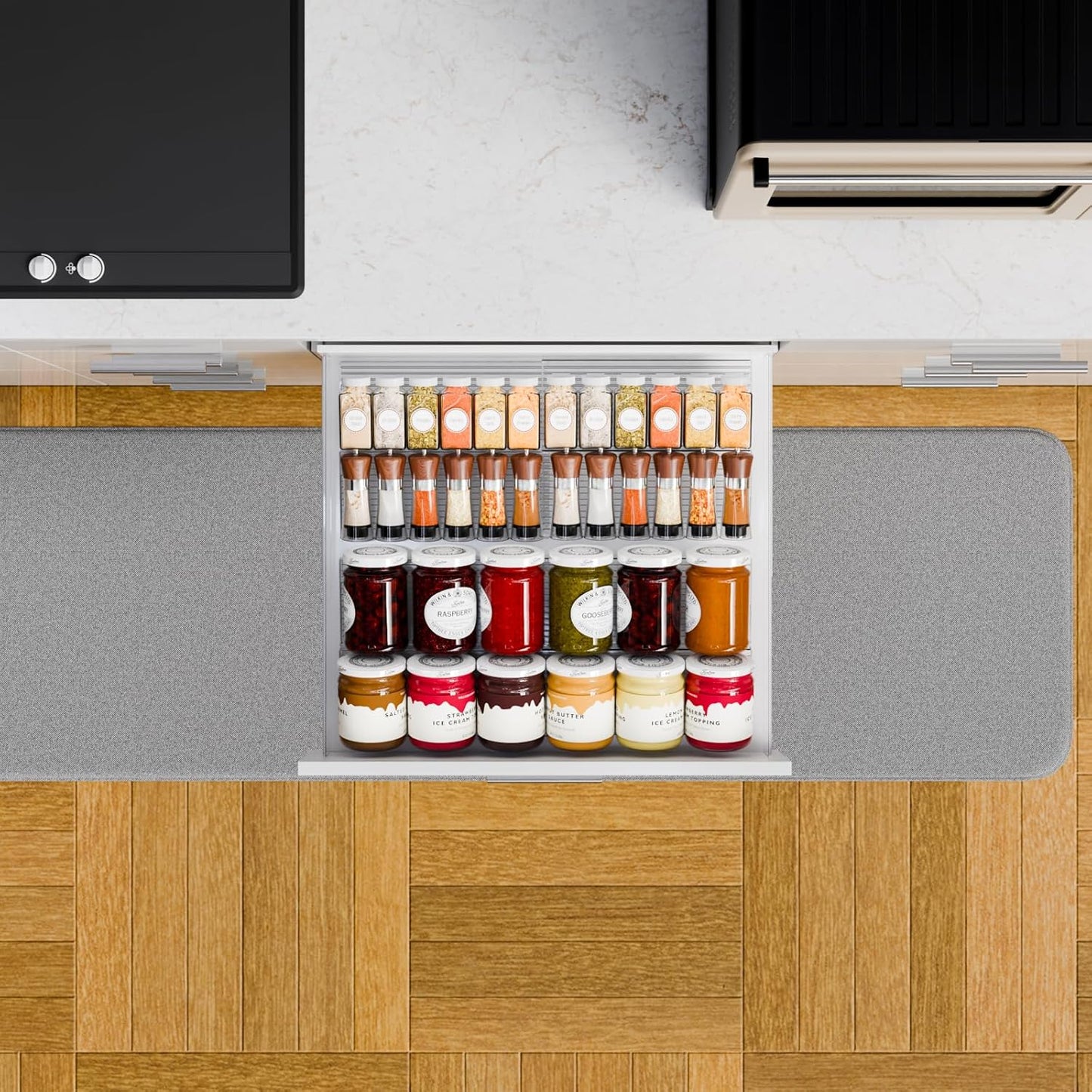 Yieach 4 Pack Adjustable Narrow Spice Rack for Drawer - Expandable From 9" to 17.7" - Acrylic Drawer Seasoning Organizer,Tiered Clear Spice Tray for Spices,Condiment,Nail Polish and Jar Organization