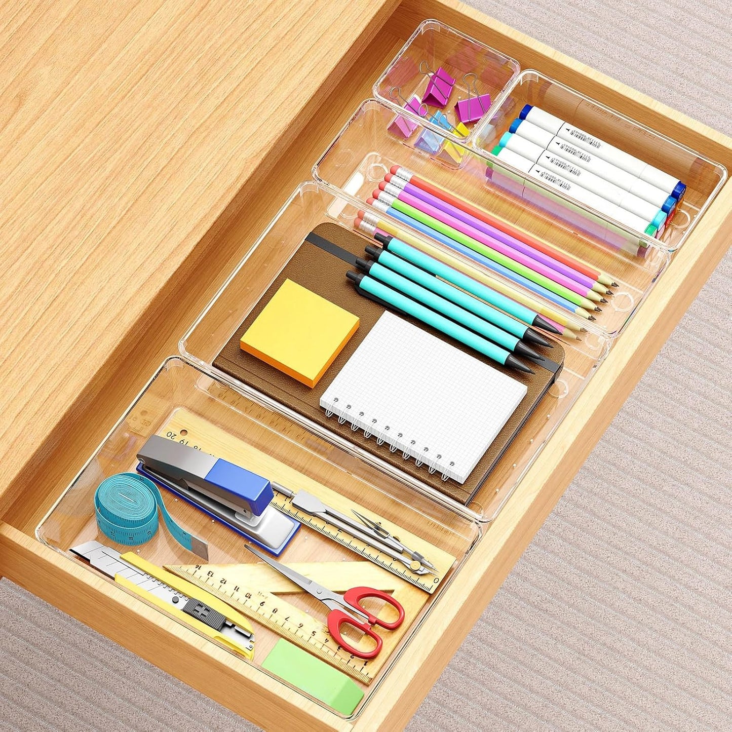 Manalete Drawer Organizers Set of 15, 4 Sizes Clear Plastic Drawer Organizers and Storage Bins for Kitchen, Bathroom, Office, Dresser Desk Drawer Organizer Tray for Jewelry, Makeup, Junk, Gadgets