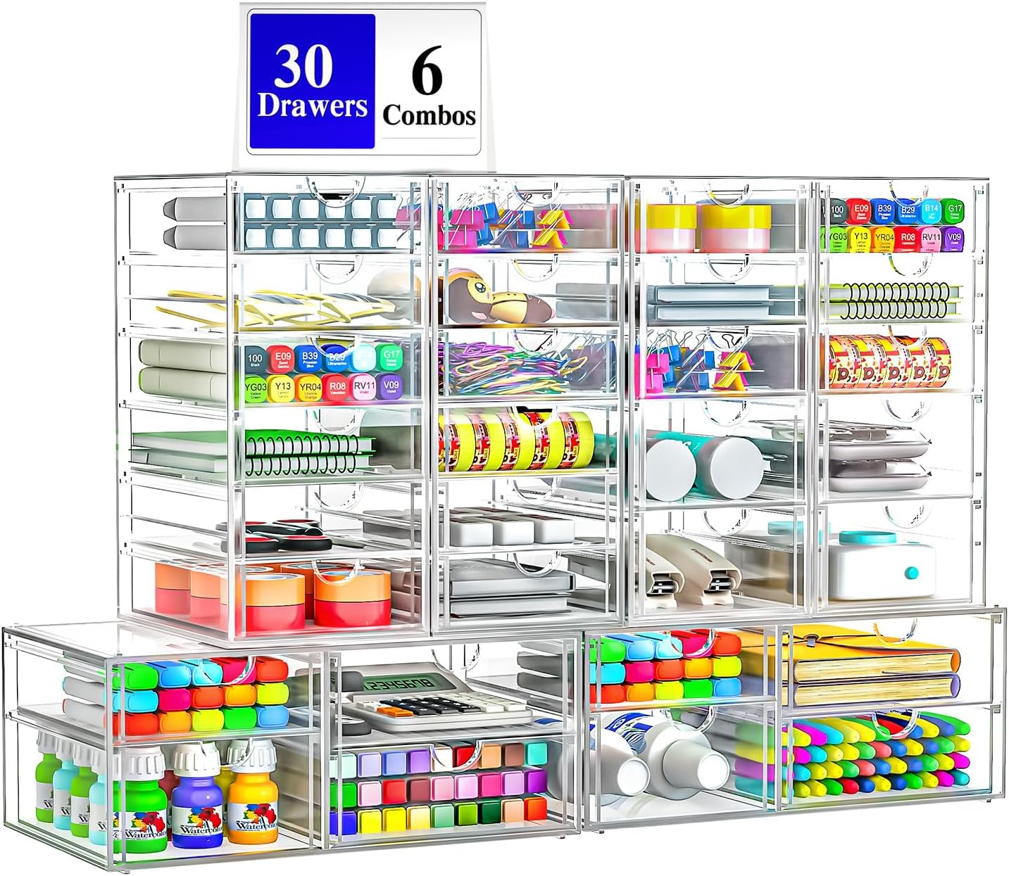 ARSTPEOE Makeup Acrylic Organizer with 17 Drawers(4 Sets), Desk Organizers and Accessories, Clear Makeup Organizer, Dustproof Storage Drawers for Office Art Craft Supplies