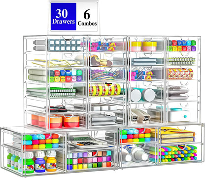 ARSTPEOE Makeup Acrylic Organizer with 17 Drawers(4 Sets), Desk Organizers and Accessories, Clear Makeup Organizer, Dustproof Storage Drawers for Office Art Craft Supplies