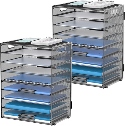 DALTACK 9-Tier Paper Organizer for Desk, Mesh Letter Tray Desk Organizer with Handles, Space-Saving File Organizer for Office Home School Classroom, Black
