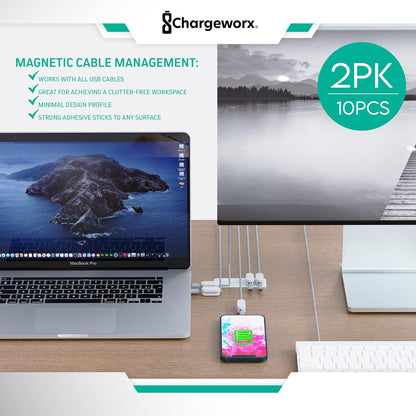 CHARGEWORX Pack of 5 Magnetic Cable Clips, Adhesive Cord Organizer for Desk, Nightstand, Wall or Car, Wire Holder for USB-C, Lightning and Micro-USB Cables