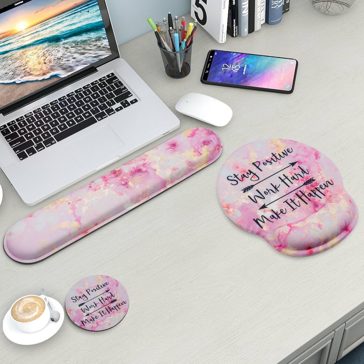 Mouse Pad and Keyboard Wrist Rest Support, with Non-Slip PU Base,Gel Mouse Pad with Coaster,Pain Relief for Gaming, Computer,Office -Beach
