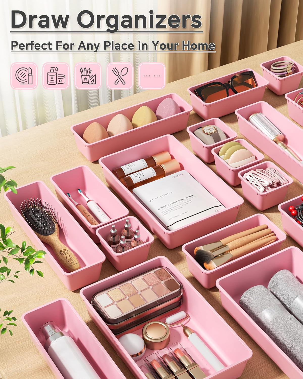 KEMETHY 25 PCS Plastic Drawer Organizers Set, 4 Sizes Vanity Organizer, Makeup and Desk Drawer Organizer Trays, Organization and Storage for Makeup, Bathroom, Kitchen Utensils and Office (Black)