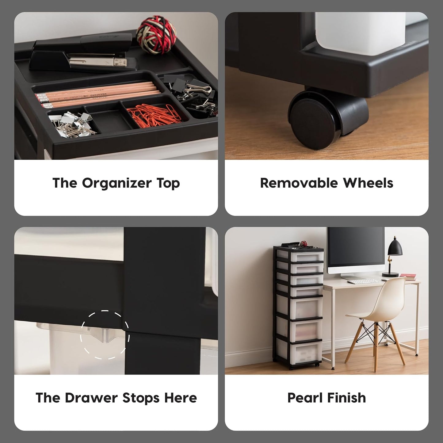 IRIS USA Plastic Drawer Storage Organizer Rolling Cart, with Wheels Casters, 4-Drawers, for Classroom Art Craft Supplies Dresser Closet Bathroom Laundry Room, Black/Pearl