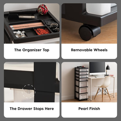 IRIS USA Plastic Drawer Storage Organizer Rolling Cart, with Wheels Casters, 4-Drawers, for Classroom Art Craft Supplies Dresser Closet Bathroom Laundry Room, Black/Pearl