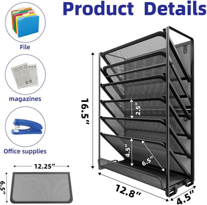 Simple Trending Wall File Organizer, Mesh 7-Tier Vertical Hanging File Holder, Desktop Metal Files Rack for Office and Home, Black