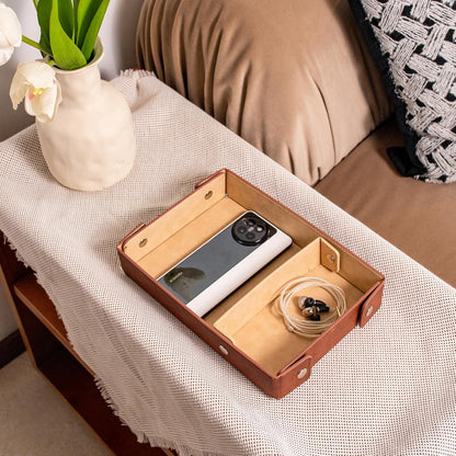 SANQIANWAN PU Leather Valet Tray Small NightStand Bedside Entry Table Trya for Phone Jewelry Glasses Keys and Coins Father's Day Birthday Gifts (Blue)